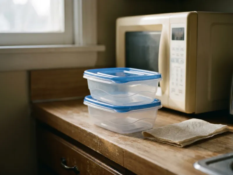 A microwave and plastic containers on a kitchen counter