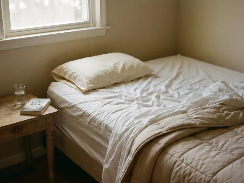 A calm bedroom with natural fiber bedding
